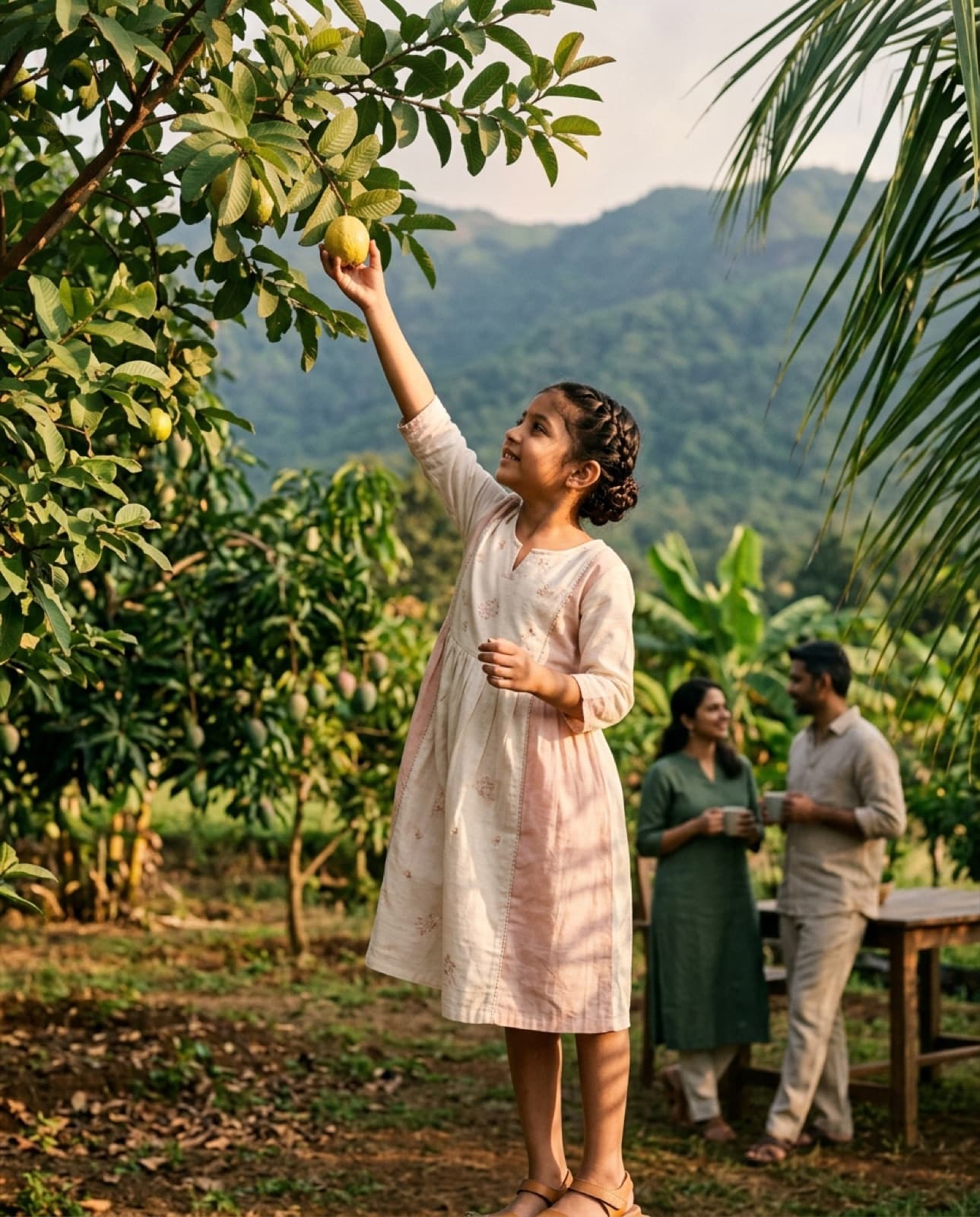 A girl picking guavas from a tree in her family's garden