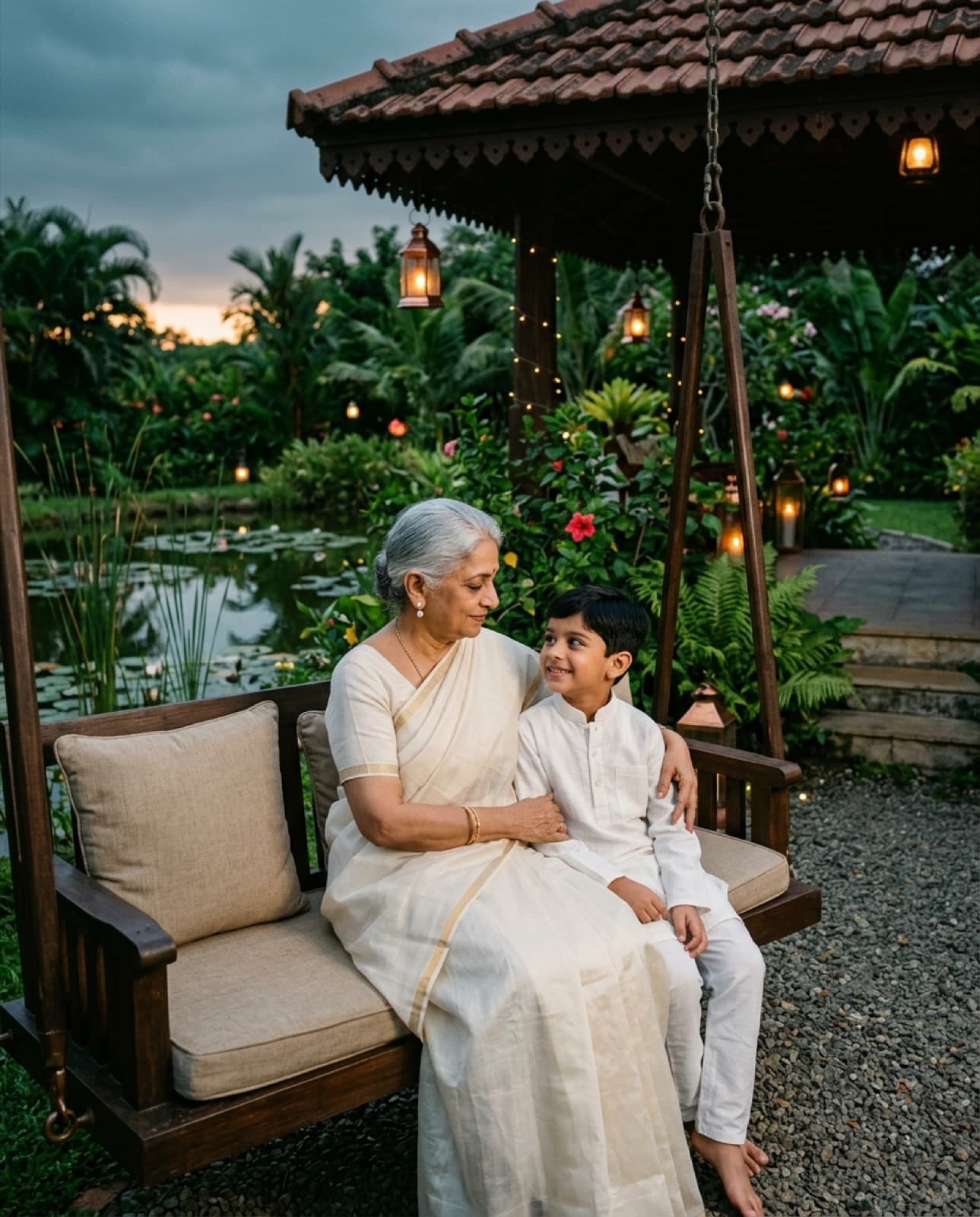 A grandmother and grandchild on a garden swing at dusk