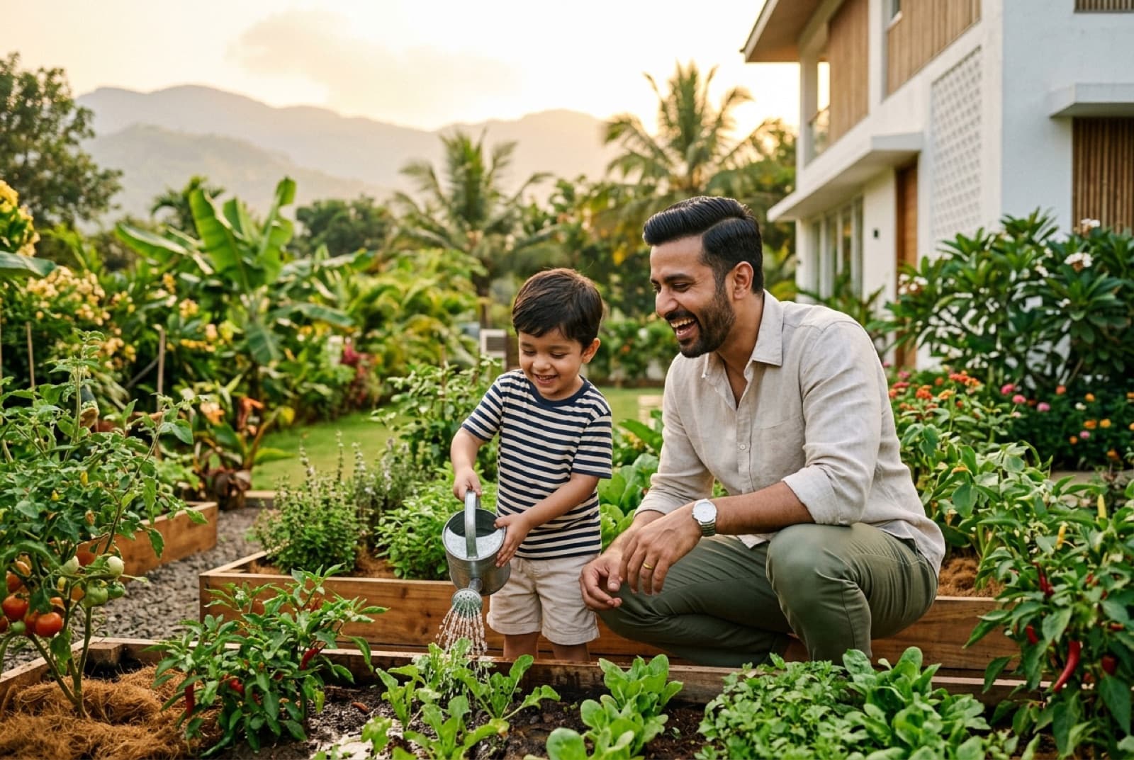 A father and son watering their vegetable beds at golden hour