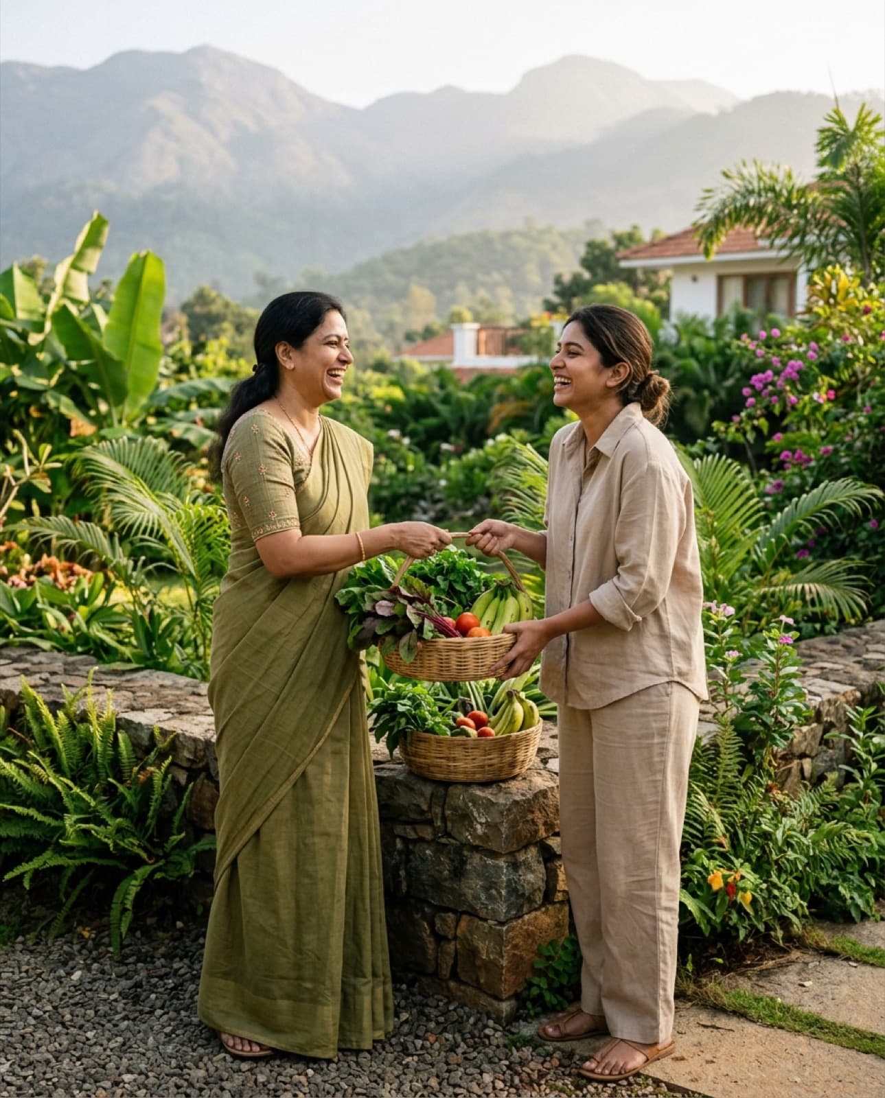 Neighbours exchanging baskets of home-grown produce over the garden wall